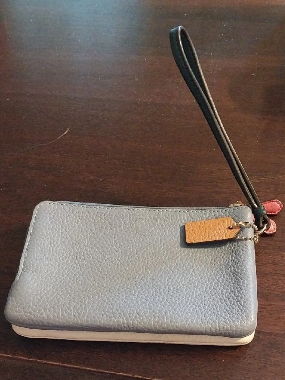 Coach Cream Pebbled Leather Double Wristlet with Brown Tag